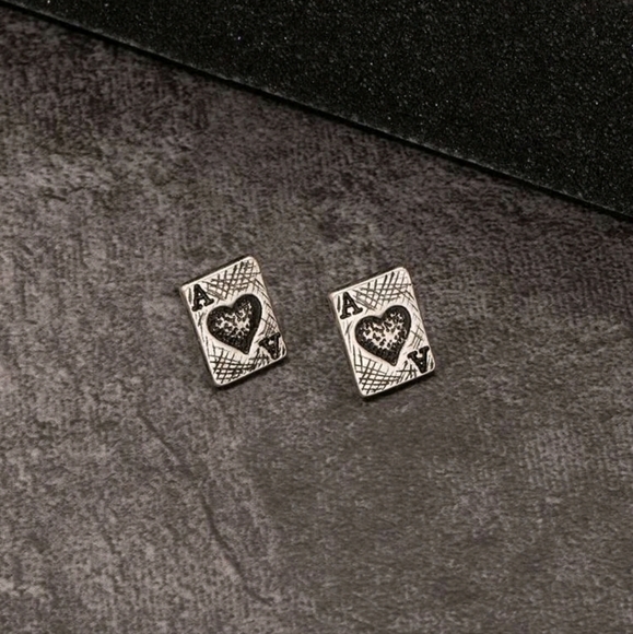 Aces Playing Card Antiqued Silver Post Earrings, unisex, best seller - Picture 4 of 4